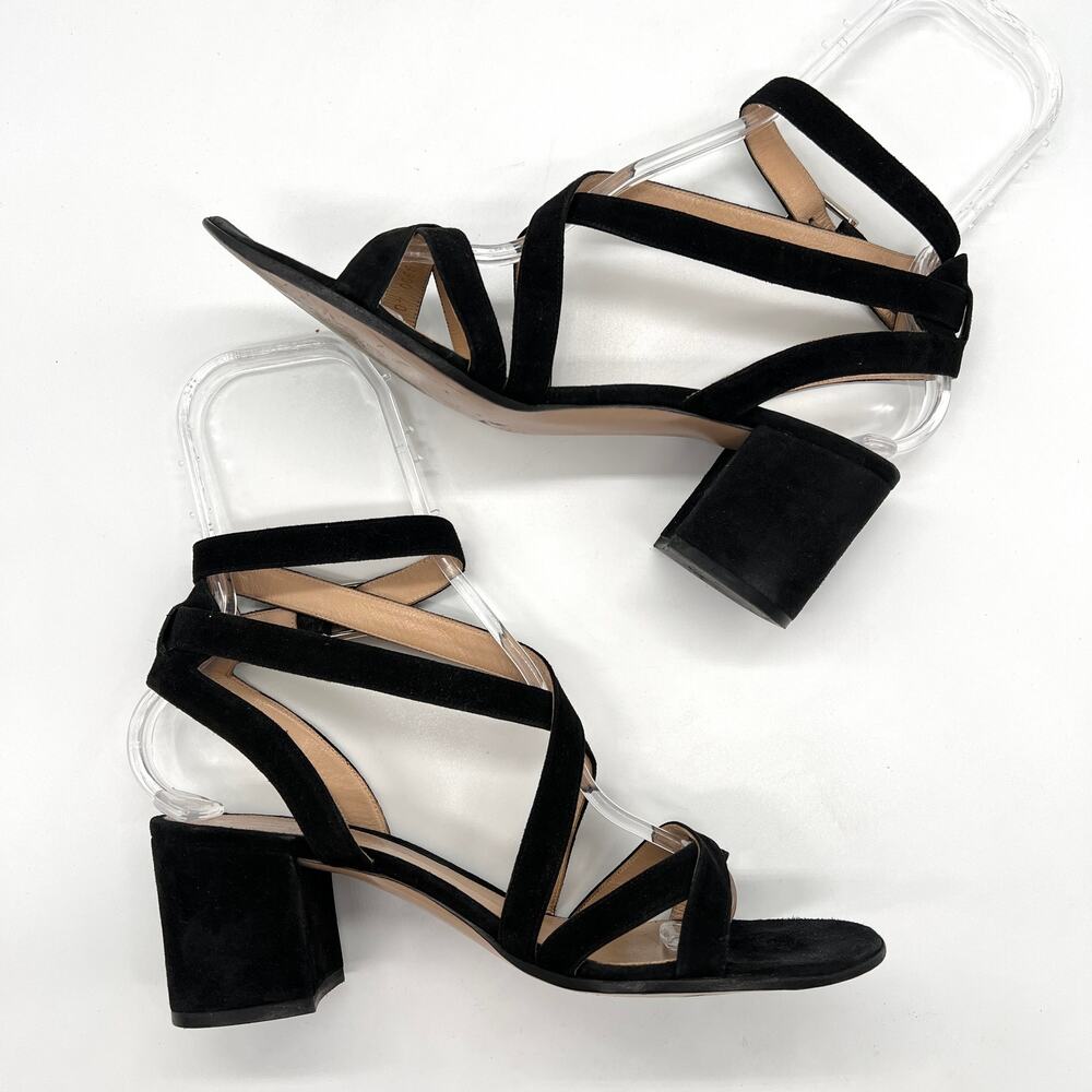 GIANVITO ROSSI Strappy Sandal Womens 40 Black Suede Mid Block Heeled Criss Cross - Picture 6 of 11